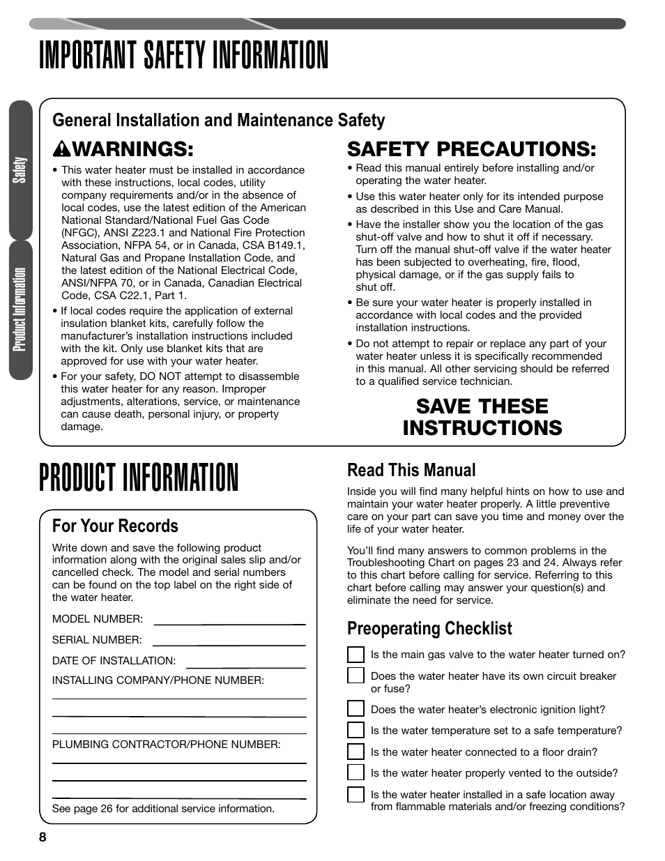 Important safety information, Product information, Warnings | Save these instructions safety precautions, General installation and maintenance safety, For your records, Read this manual, Preoperating checklist, Product information safety | Paloma PHH-32 part 1 User Manual | Page 8 / 36