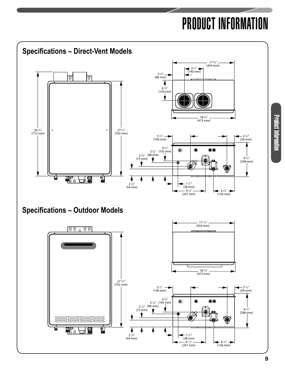Product information, Specifications – direct-vent models, Specifications – outdoor models | Paloma PHH-32 part 1 User Manual | Page 9 / 36