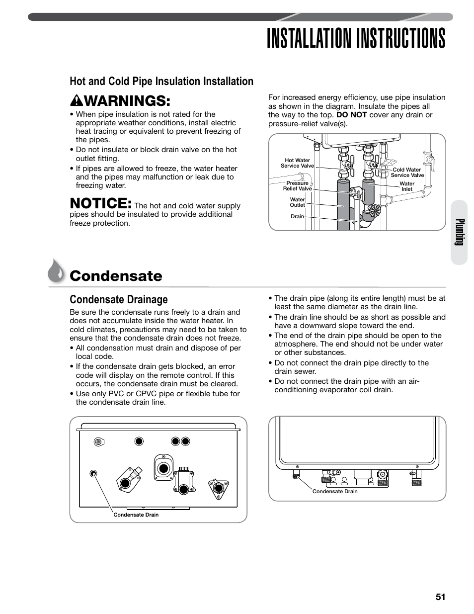 Installation instructions, Warnings, Notice | Condensate, Plumbing, Hot and cold pipe insulation installation, Condensate drainage | Paloma PHH-32 part 2 User Manual | Page 15 / 36