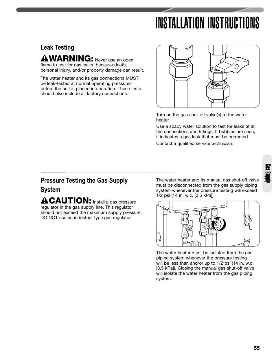Installation instructions, Warning, Caution | Gas supply, Leak testing, Pressure testing the gas supply system | Paloma PHH-32 part 2 User Manual | Page 19 / 36