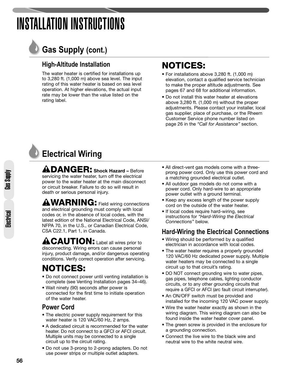Installation instructions, Electrical wiring danger, Warning | Caution, Notices, Cont.), Gas supply, Electrical, Power cord, Hard-wiring the electrical connections | Paloma PHH-32 part 2 User Manual | Page 20 / 36