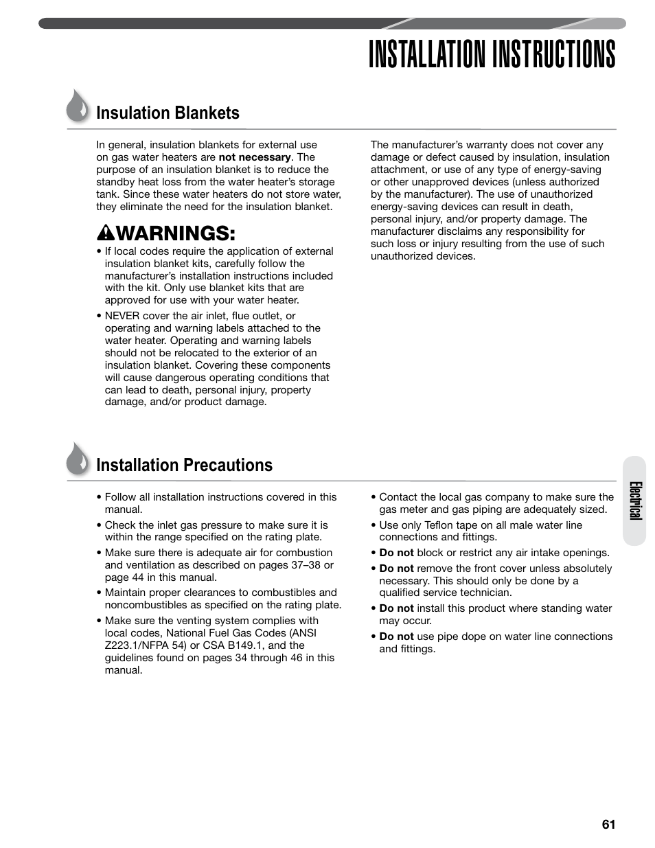Installation instructions, Warnings, Insulation blankets | Installation precautions, Electrical | Paloma PHH-32 part 2 User Manual | Page 25 / 36