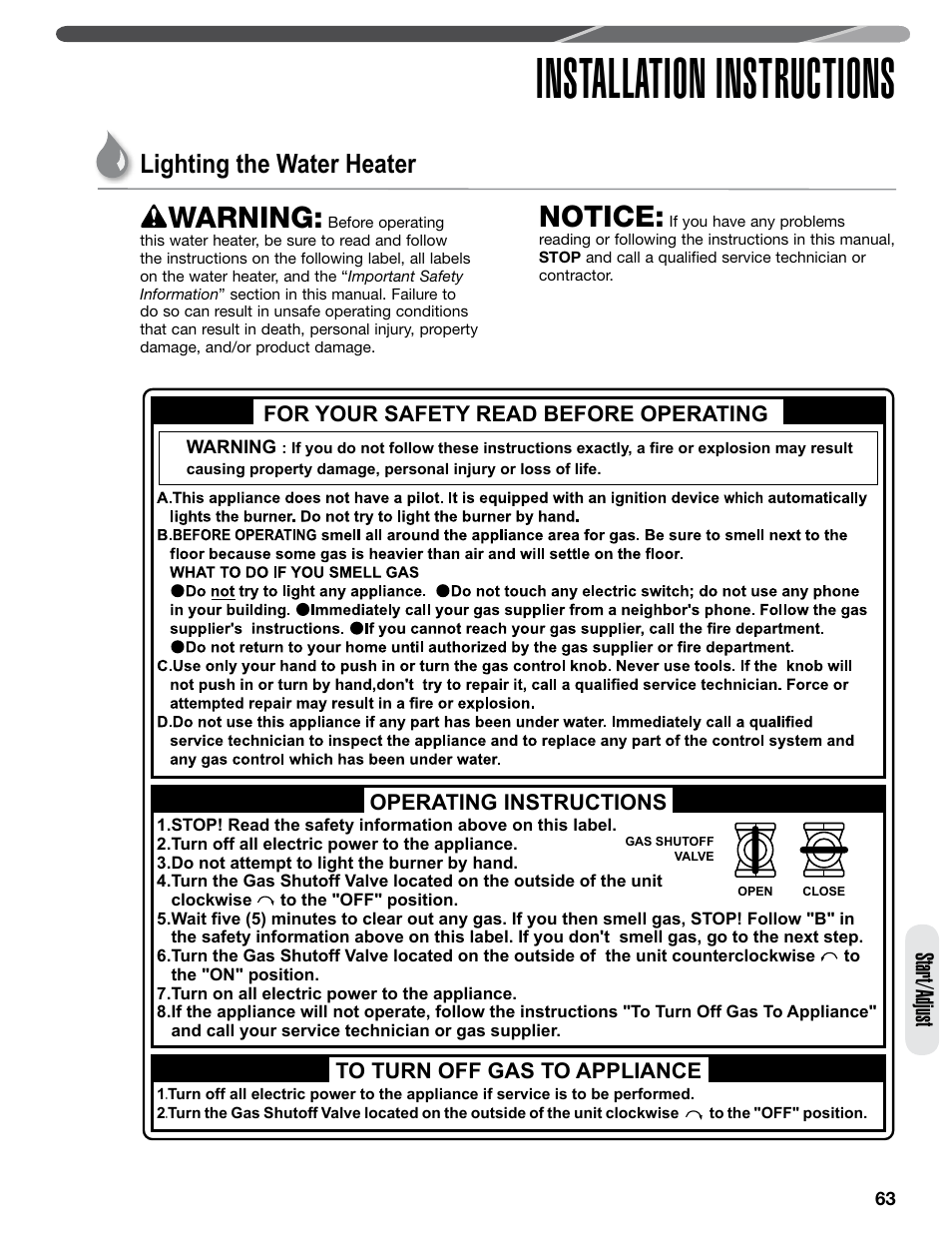 Installation instructions, Warning, Notice | Lighting the water heater, Start/adjust | Paloma PHH-32 part 2 User Manual | Page 27 / 36