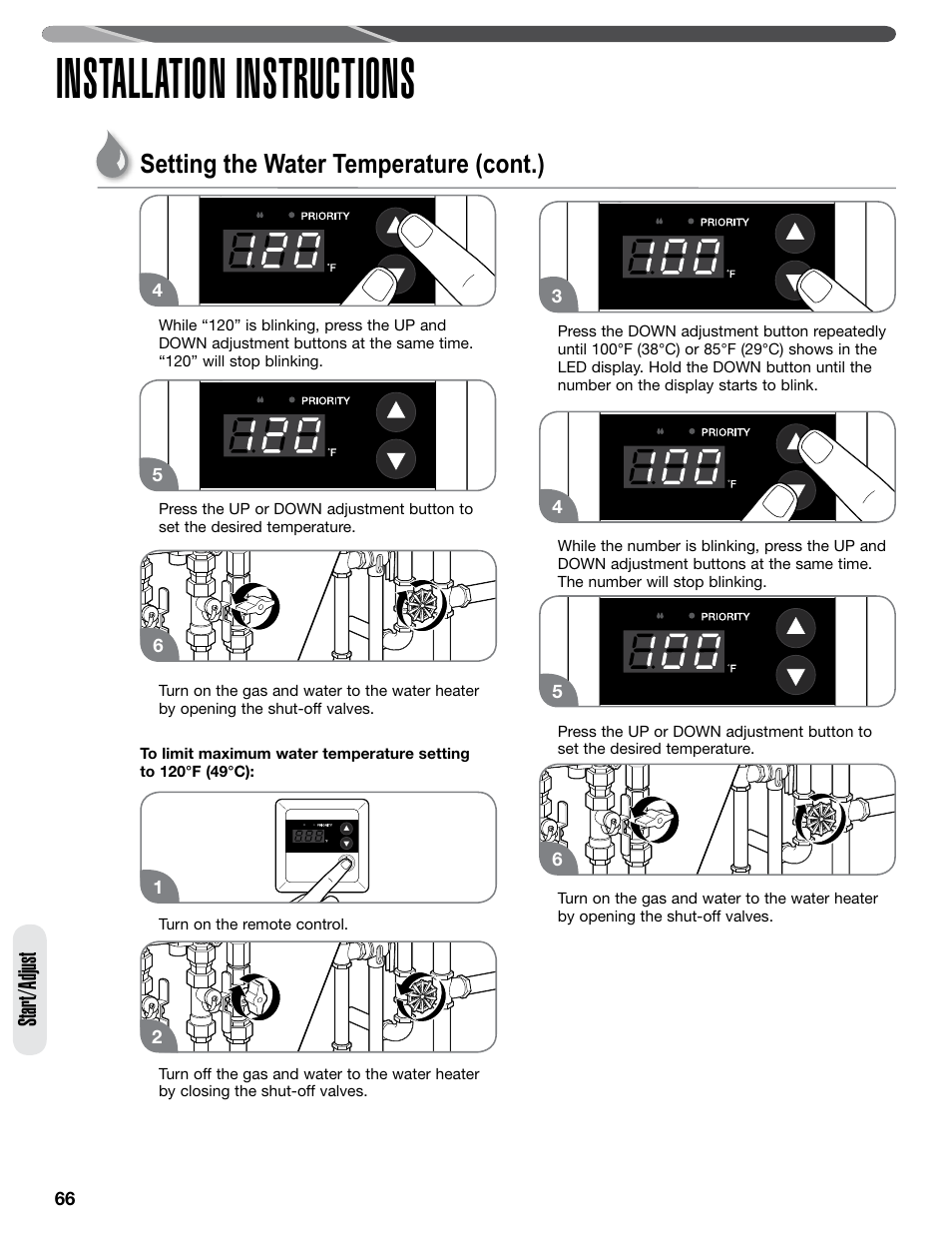 Installation instructions, Setting the water temperature (cont.), Start/adjust | Paloma PHH-32 part 2 User Manual | Page 30 / 36