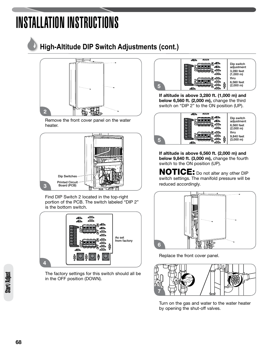 Installation instructions, Notice, High-altitude dip switch adjustments (cont.) | Start/adjust | Paloma PHH-32 part 2 User Manual | Page 32 / 36
