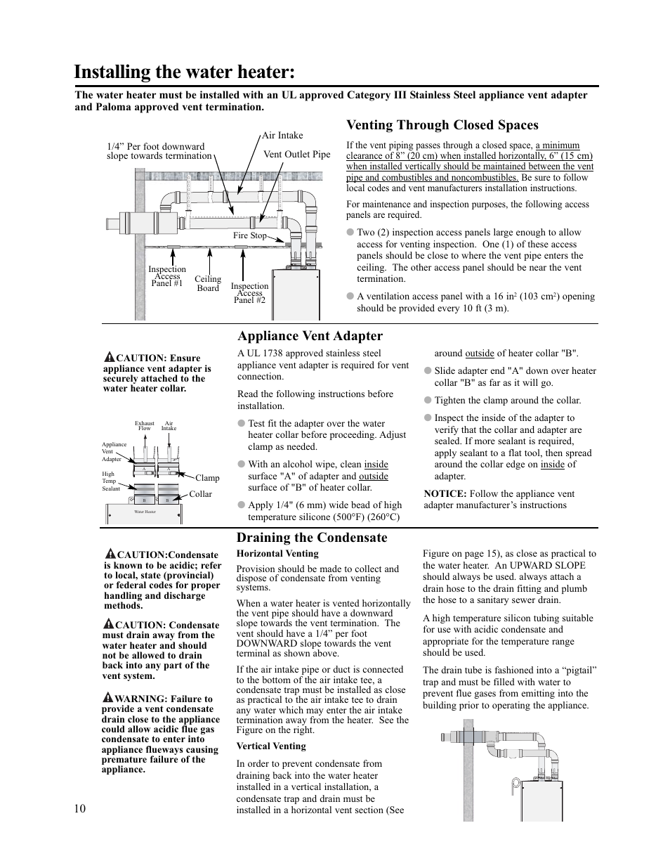 Installing the water heater, Venting through closed spaces, Appliance vent adapter | Draining the condensate | Paloma PH-28c Direct Vent User Manual | Page 10 / 40