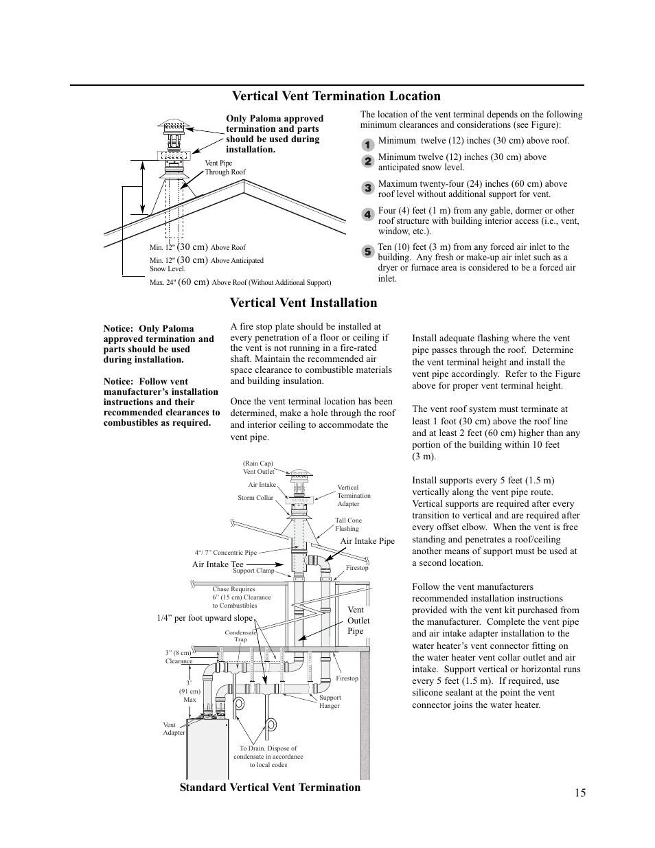 Vertical vent installation, Vertical vent termination location, Standard vertical vent termination | Paloma PH-28c Direct Vent User Manual | Page 15 / 40