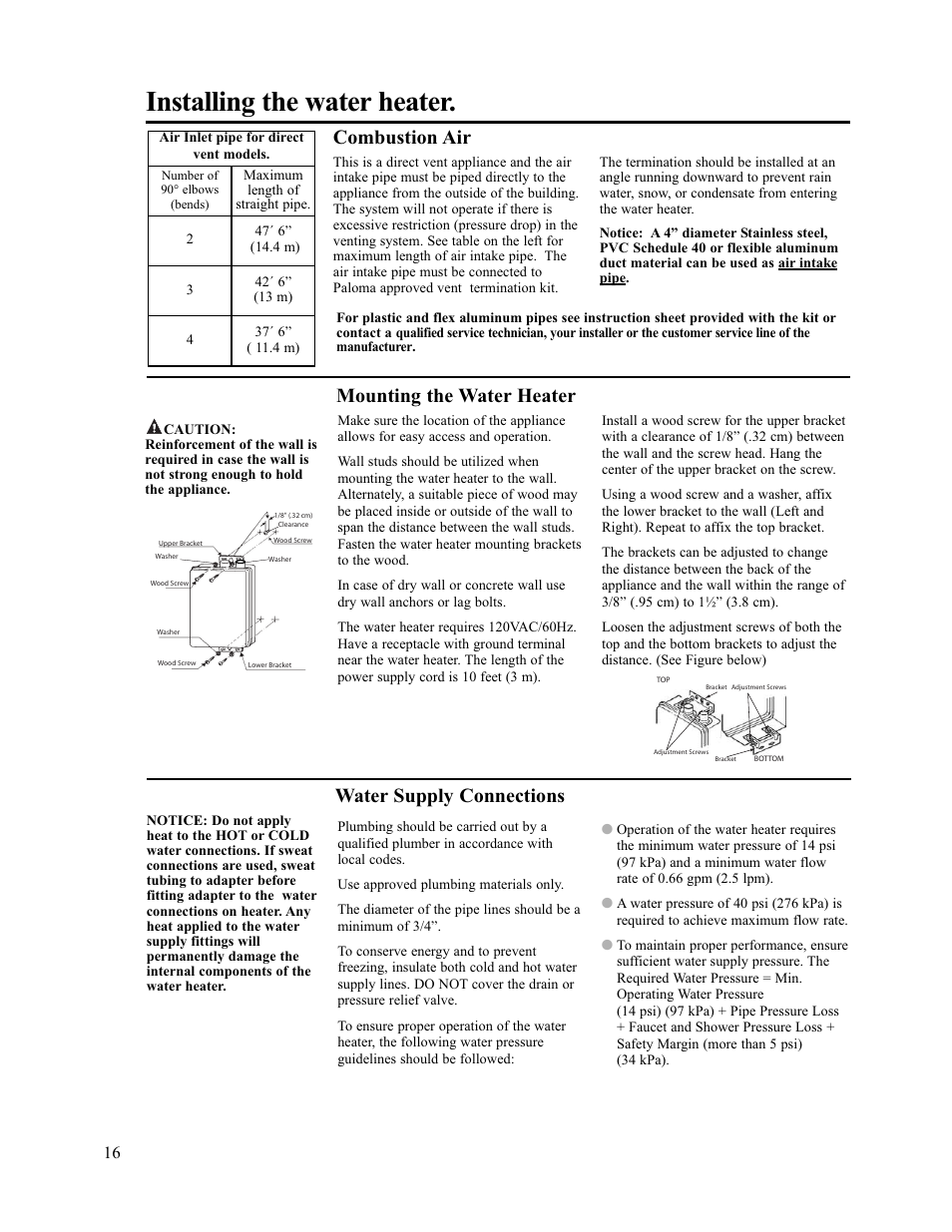 Installing the water heater, Mounting the water heater, Water supply connections | Combustion air | Paloma PH-28c Direct Vent User Manual | Page 16 / 40