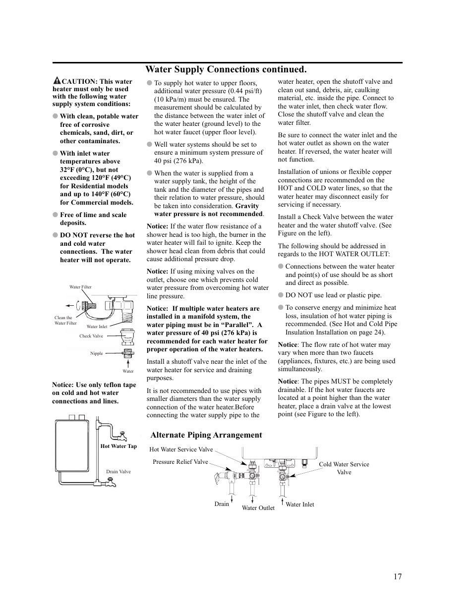 Water supply connections continued, Alternate piping arrangement | Paloma PH-28c Direct Vent User Manual | Page 17 / 40