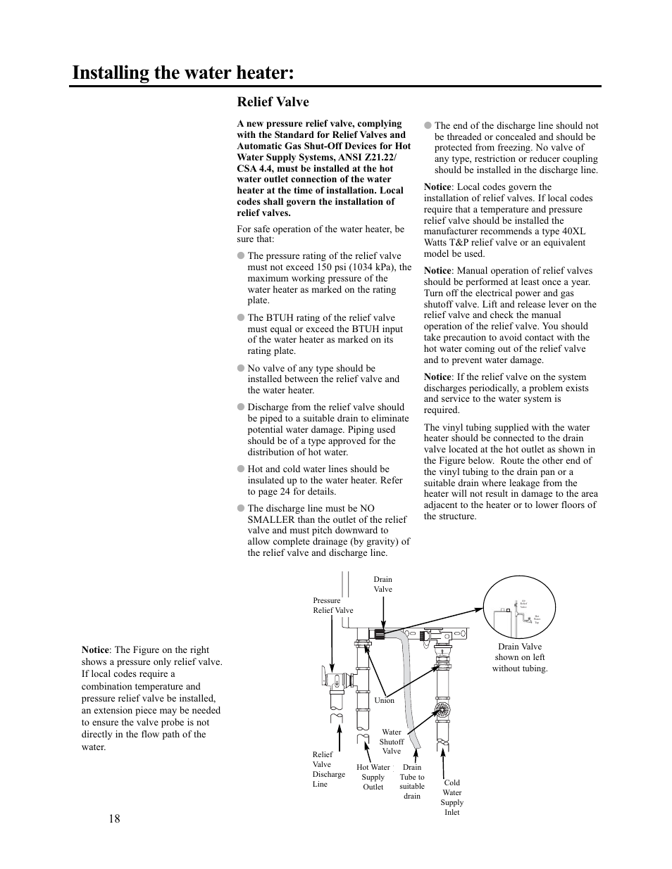 Installing the water heater, Relief valve | Paloma PH-28c Direct Vent User Manual | Page 18 / 40