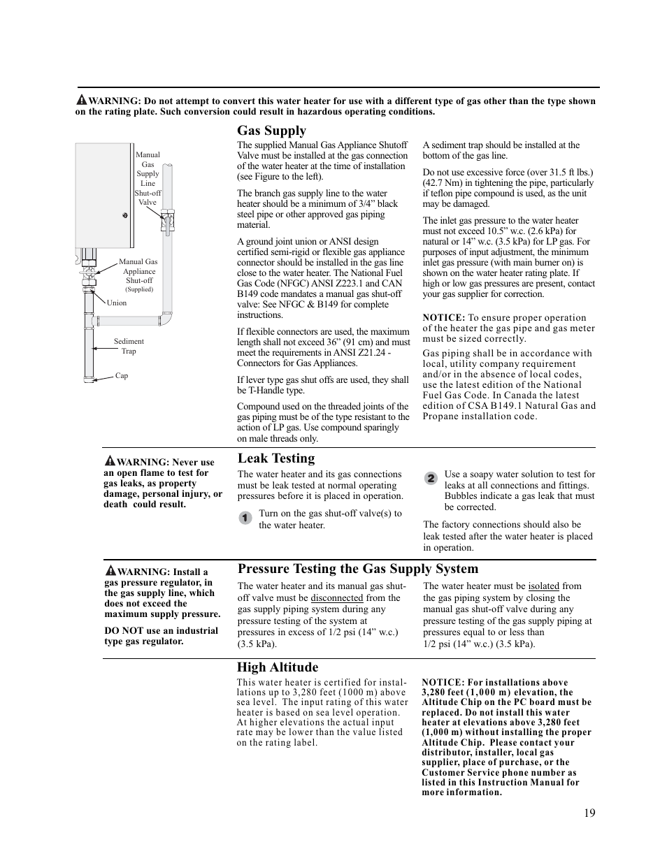 Leak testing, Pressure testing the gas supply system, High altitude gas supply | Paloma PH-28c Direct Vent User Manual | Page 19 / 40