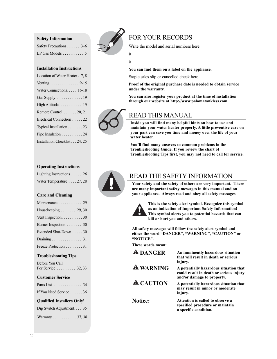Read this manual for your records, Read the safety information, Danger | Warning, Caution, Notice | Paloma PH-28c Direct Vent User Manual | Page 2 / 40