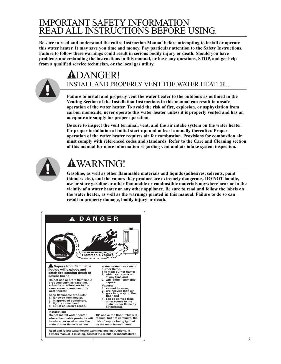Danger, Warning, Install and properly vent the water heater | Paloma PH-28c Direct Vent User Manual | Page 3 / 40