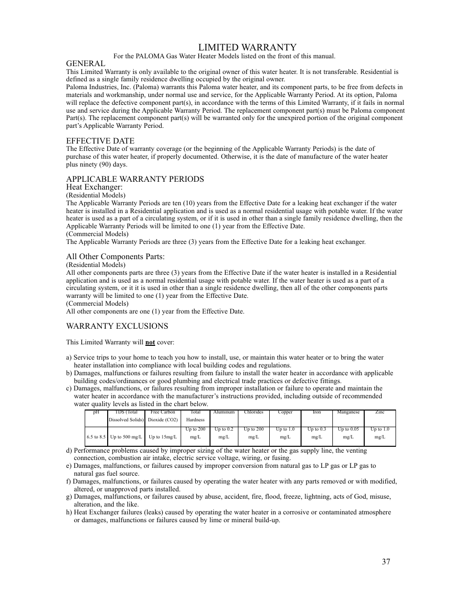 Limited warranty, General, Effective date | Applicable warranty periods heat exchanger, All other components parts, Warranty exclusions | Paloma PH-28c Direct Vent User Manual | Page 37 / 40