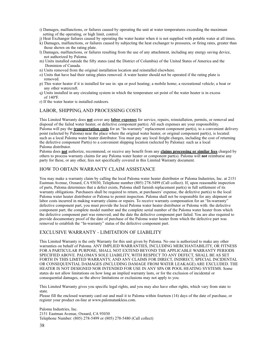 Paloma PH-28c Direct Vent User Manual | Page 38 / 40