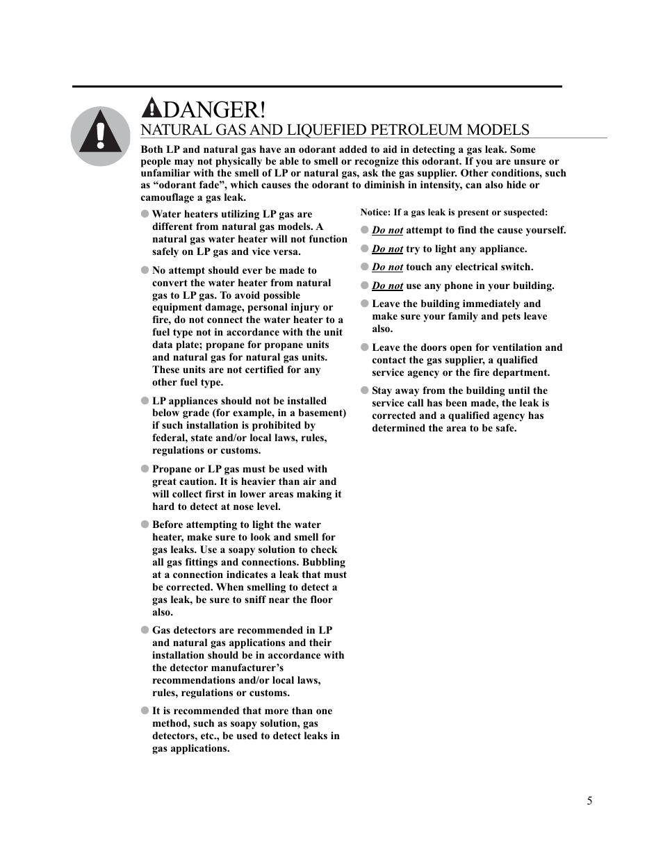 Danger, Natural gas and liquefied petroleum models | Paloma PH-28c Direct Vent User Manual | Page 5 / 40