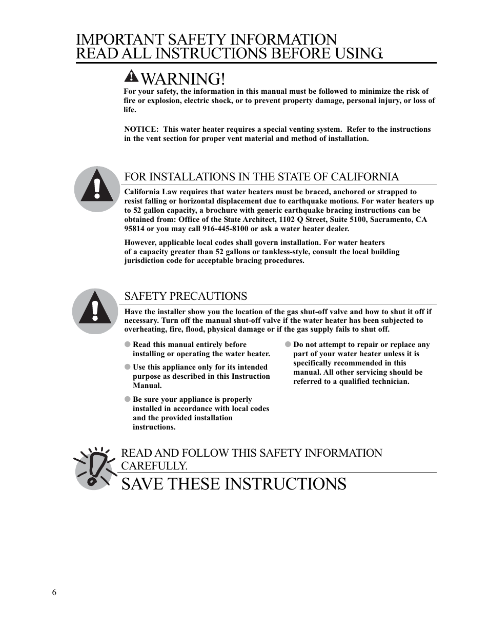 Warning, Save these instructions | Paloma PH-28c Direct Vent User Manual | Page 6 / 40