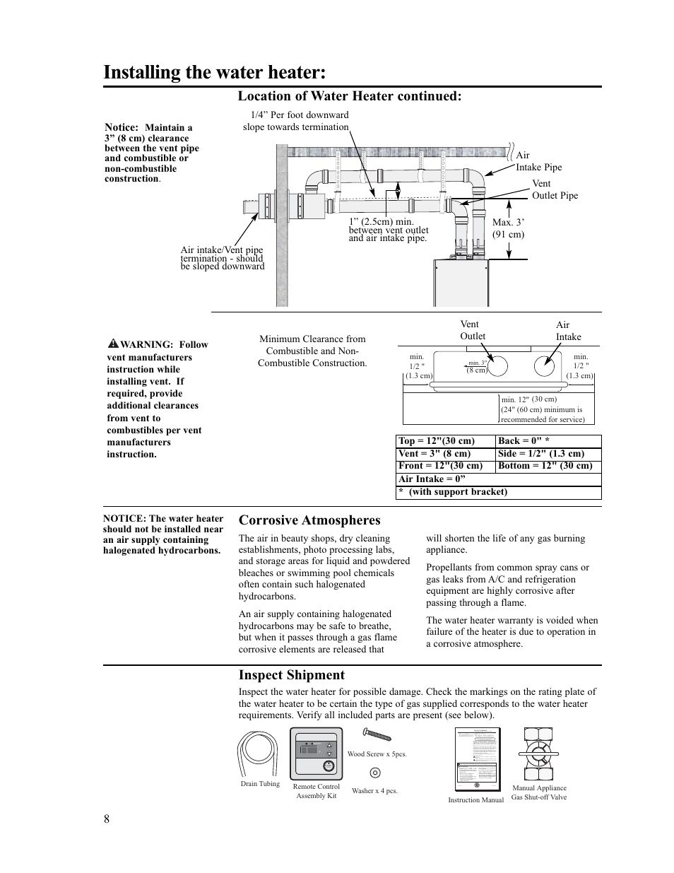 Installing the water heater, Corrosive atmospheres, Inspect shipment | Location of water heater continued | Paloma PH-28c Direct Vent User Manual | Page 8 / 40