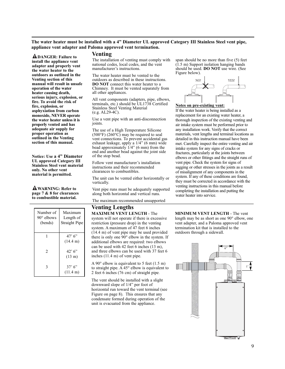 Venting, Venting lengths | Paloma PH-28c Direct Vent User Manual | Page 9 / 40
