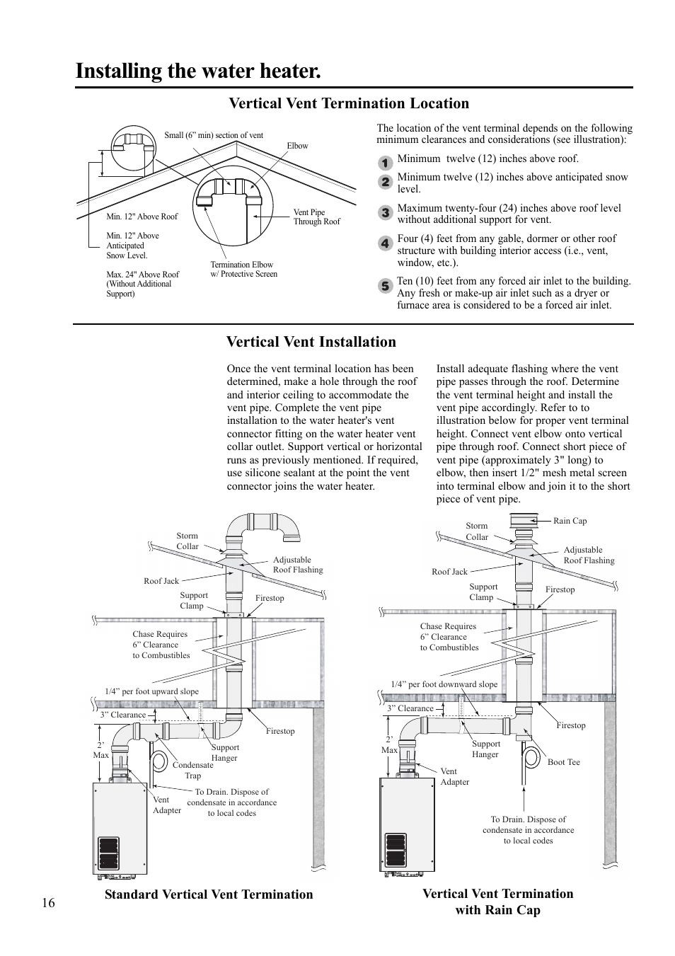 Installing the water heater, Vertical vent installation, Vertical vent termination location | Paloma 7.4 Series Residential Indoor Gas User Manual | Page 16 / 32