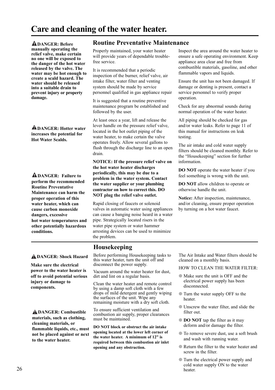 Care and cleaning of the water heater, Routine preventative maintenance, Housekeeping | Paloma 7.4 Series Residential Indoor Gas User Manual | Page 26 / 32