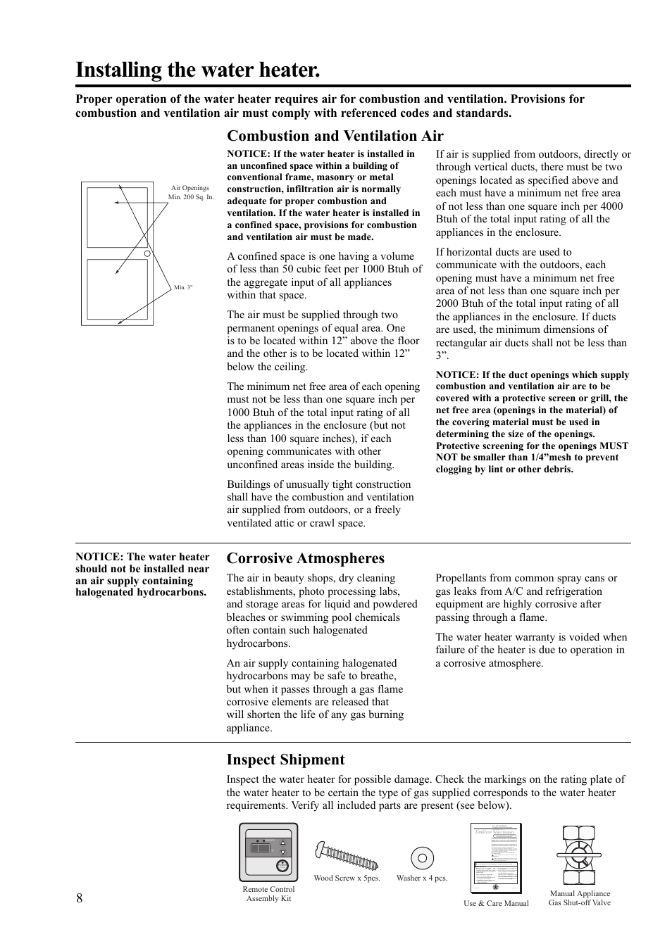 Installing the water heater, Combustion and ventilation air, Corrosive atmospheres | Inspect shipment | Paloma 7.4 Series Residential Indoor Gas User Manual | Page 8 / 32