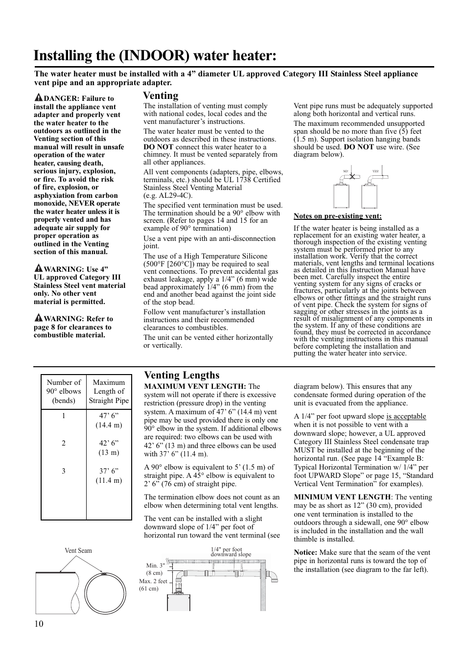 Installing the (indoor) water heater, Venting, Venting lengths | Paloma PH-28R IFSN User Manual | Page 10 / 40