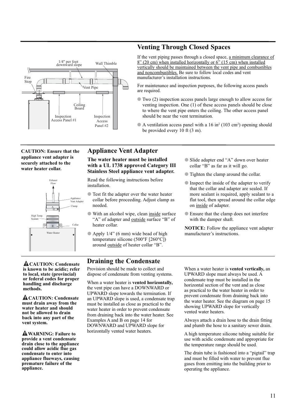 Venting through closed spaces, Appliance vent adapter, Draining the condensate | Paloma PH-28R IFSN User Manual | Page 11 / 40