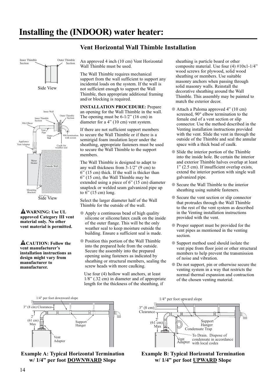 Installing the (indoor) water heater, Vent horizontal wall thimble installation | Paloma PH-28R IFSN User Manual | Page 14 / 40