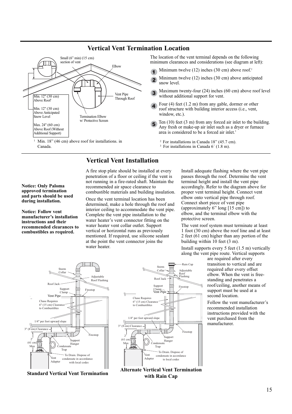 Vertical vent installation, Vertical vent termination location, Standard vertical vent termination | Alternate vertical vent termination with rain cap | Paloma PH-28R IFSN User Manual | Page 15 / 40