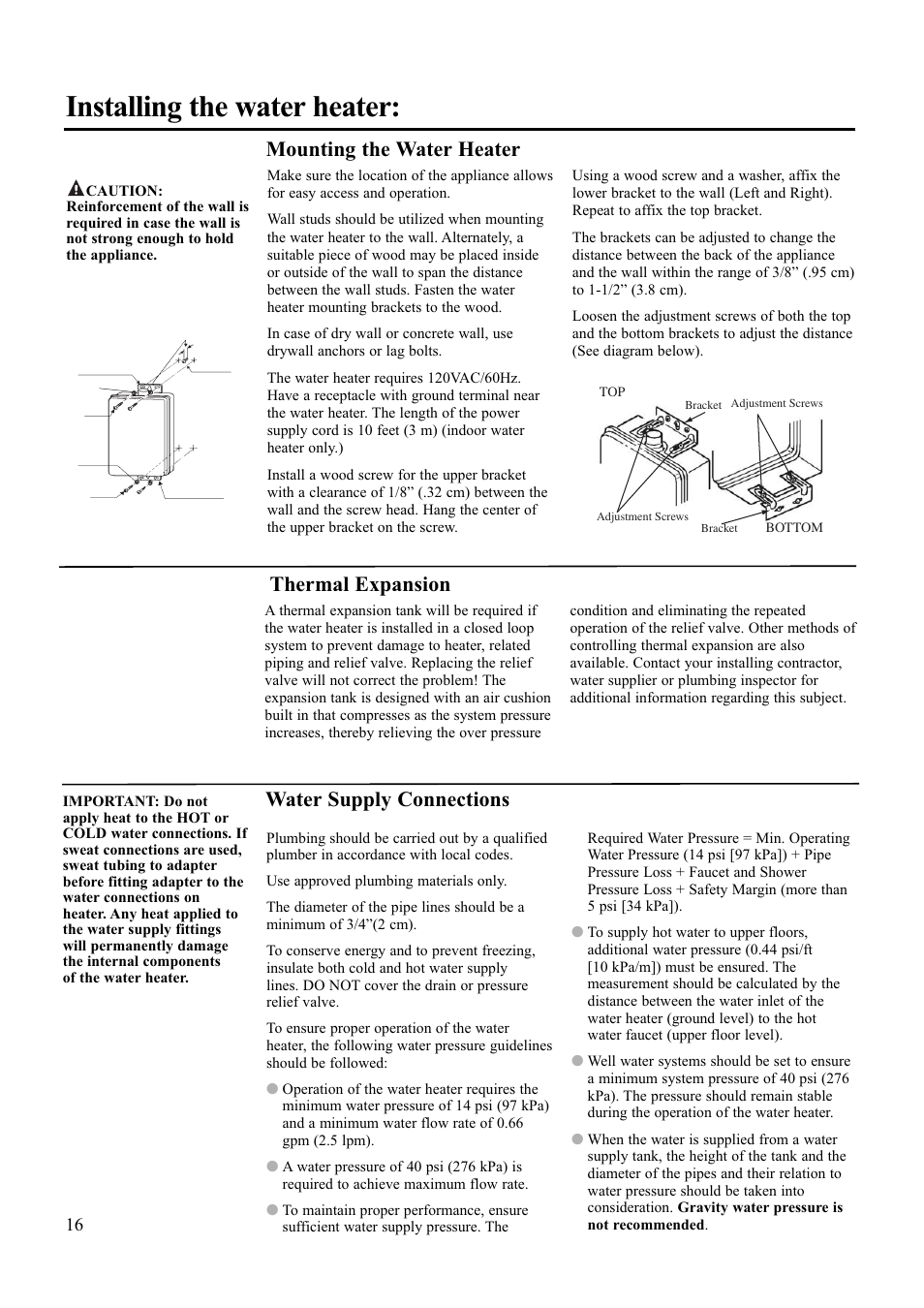 Installing the water heater, Water supply connections, Mounting the water heater | Thermal expansion | Paloma PH-28R IFSN User Manual | Page 16 / 40