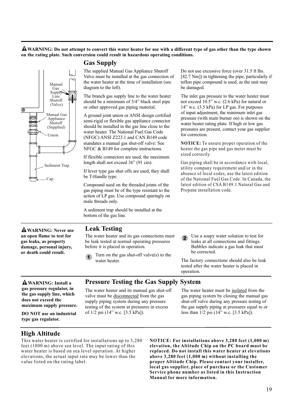 High altitude, Gas supply, Leak testing | Pressure testing the gas supply system | Paloma PH-28R IFSN User Manual | Page 19 / 40