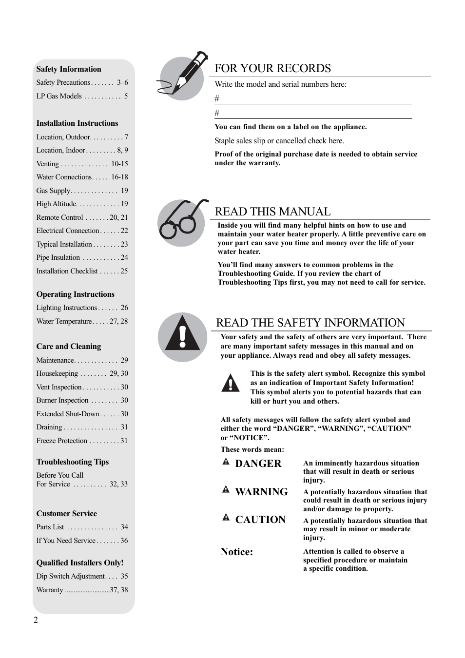 Read this manual for your records, Read the safety information, Danger | Warning, Caution, Notice | Paloma PH-28R IFSN User Manual | Page 2 / 40