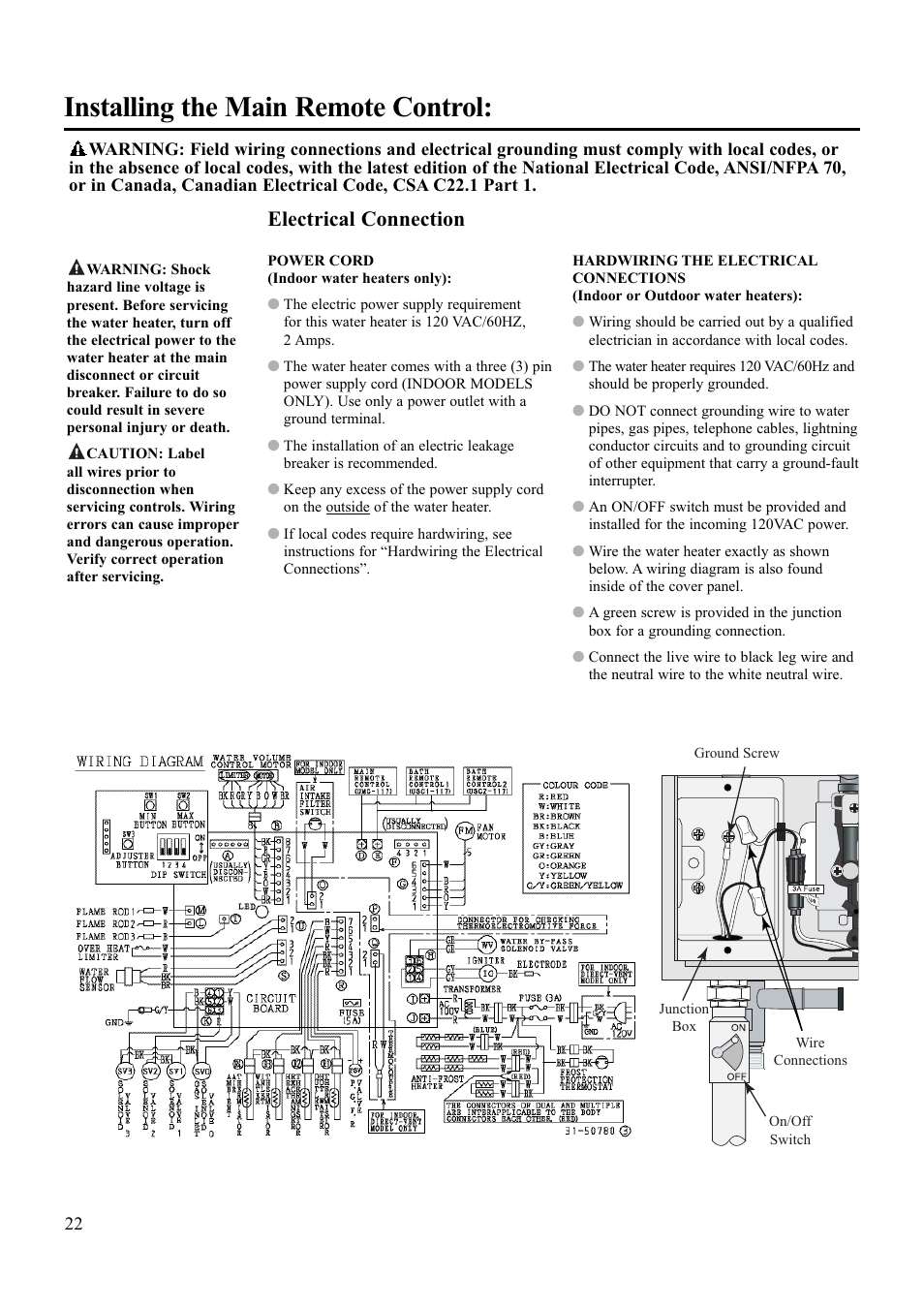 Installing the main remote control, Electrical connection | Paloma PH-28R IFSN User Manual | Page 22 / 40