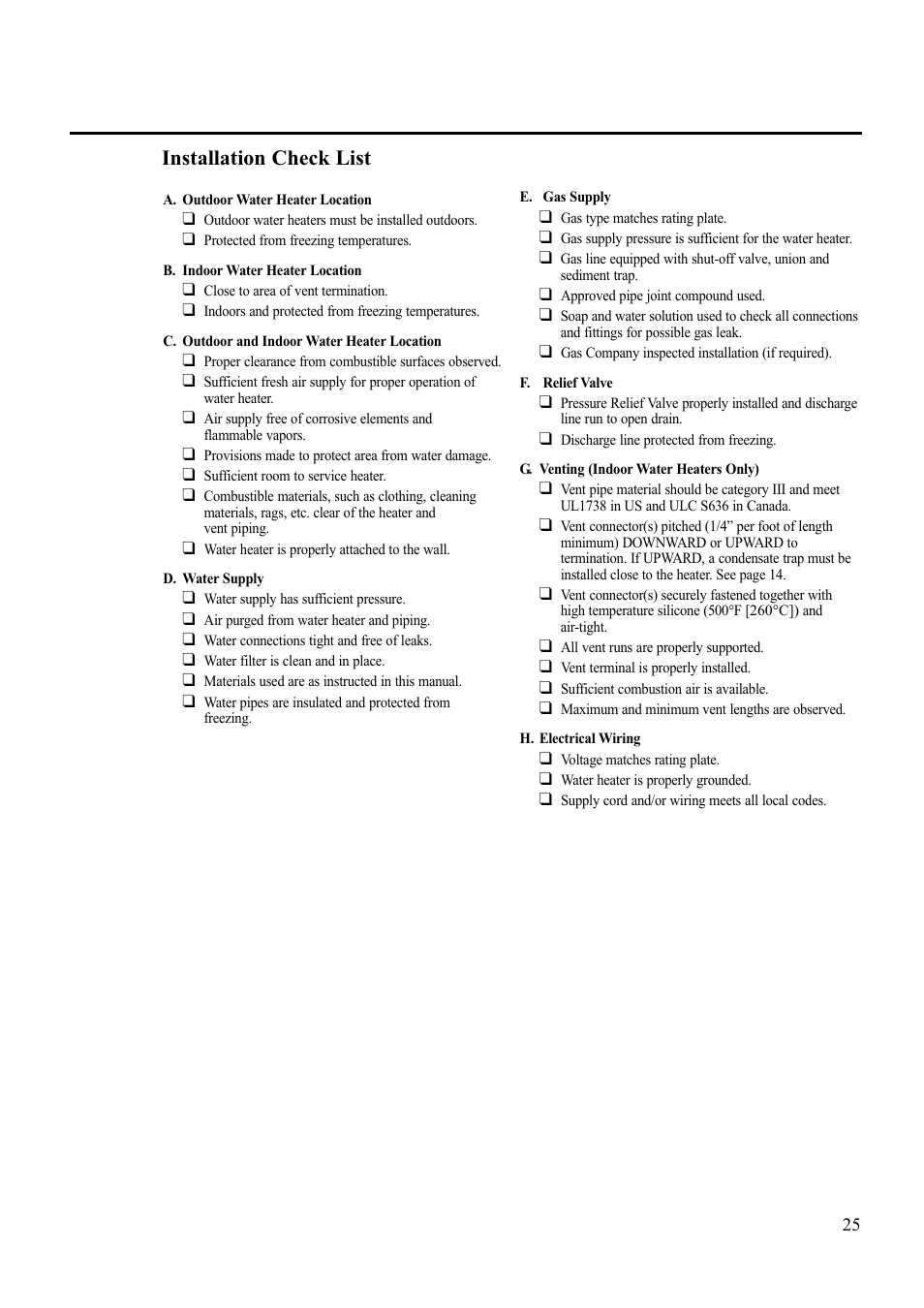 Installation check list | Paloma PH-28R IFSN User Manual | Page 25 / 40