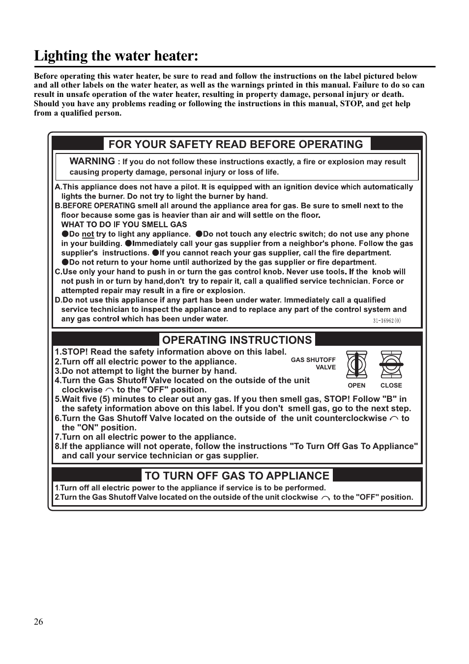 Lighting the water heater, For your safety read before operating, Operating instructions | Paloma PH-28R IFSN User Manual | Page 26 / 40