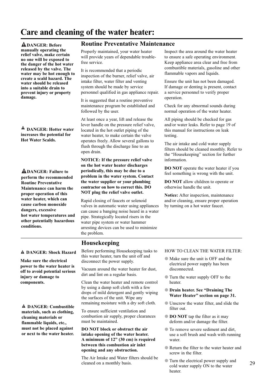 Care and cleaning of the water heater, Routine preventative maintenance, Housekeeping | Paloma PH-28R IFSN User Manual | Page 29 / 40