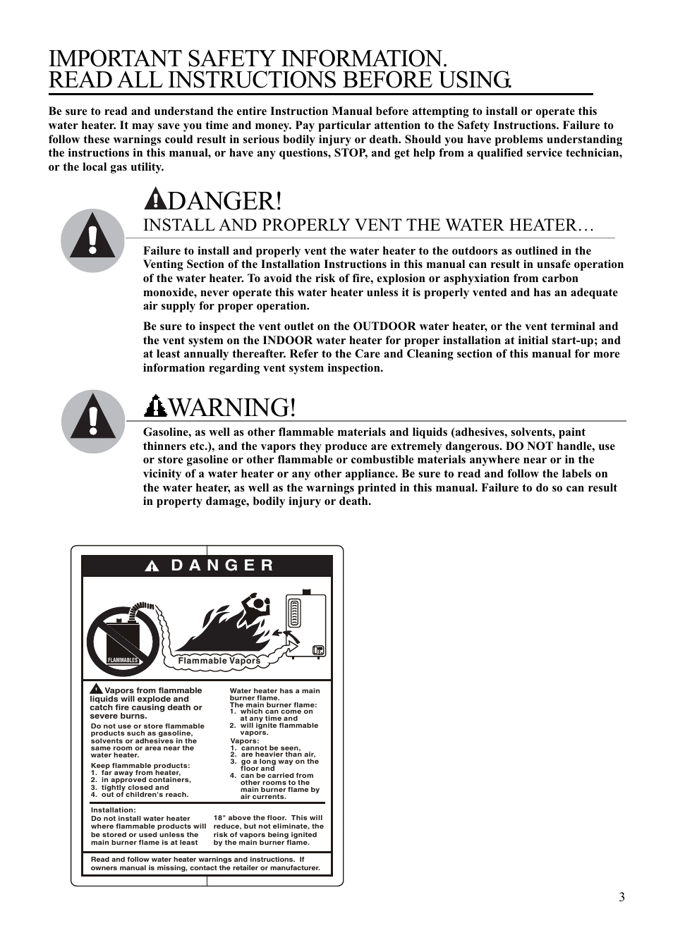 Danger, Warning, Install and properly vent the water heater | Paloma PH-28R IFSN User Manual | Page 3 / 40