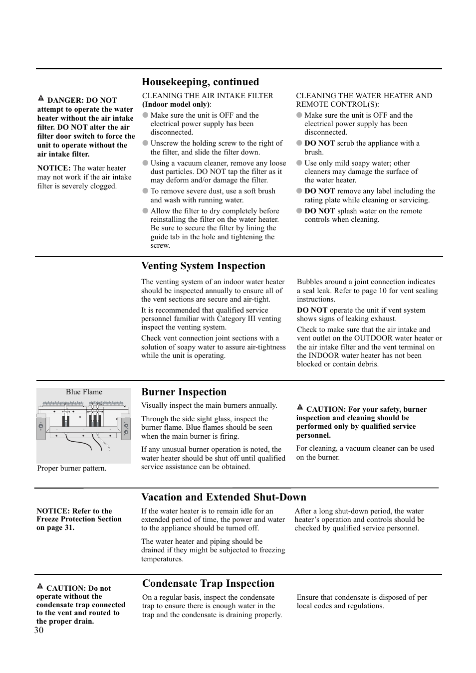 Condensate trap inspection, Venting system inspection, Burner inspection | Vacation and extended shut-down, Housekeeping, continued | Paloma PH-28R IFSN User Manual | Page 30 / 40