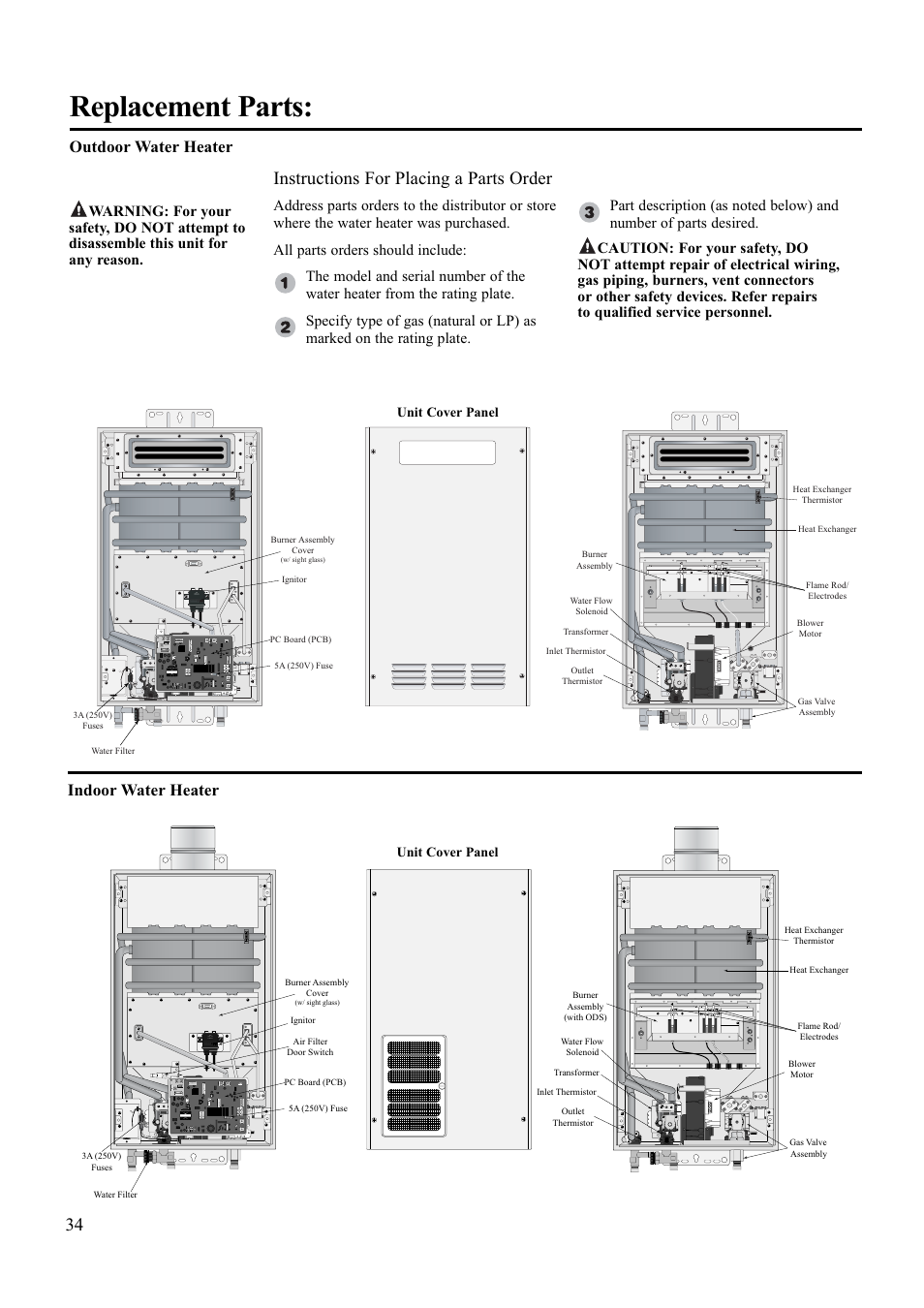 Replacement parts, Instructions for placing a parts order, Outdoor water heater | Indoor water heater | Paloma PH-28R IFSN User Manual | Page 34 / 40