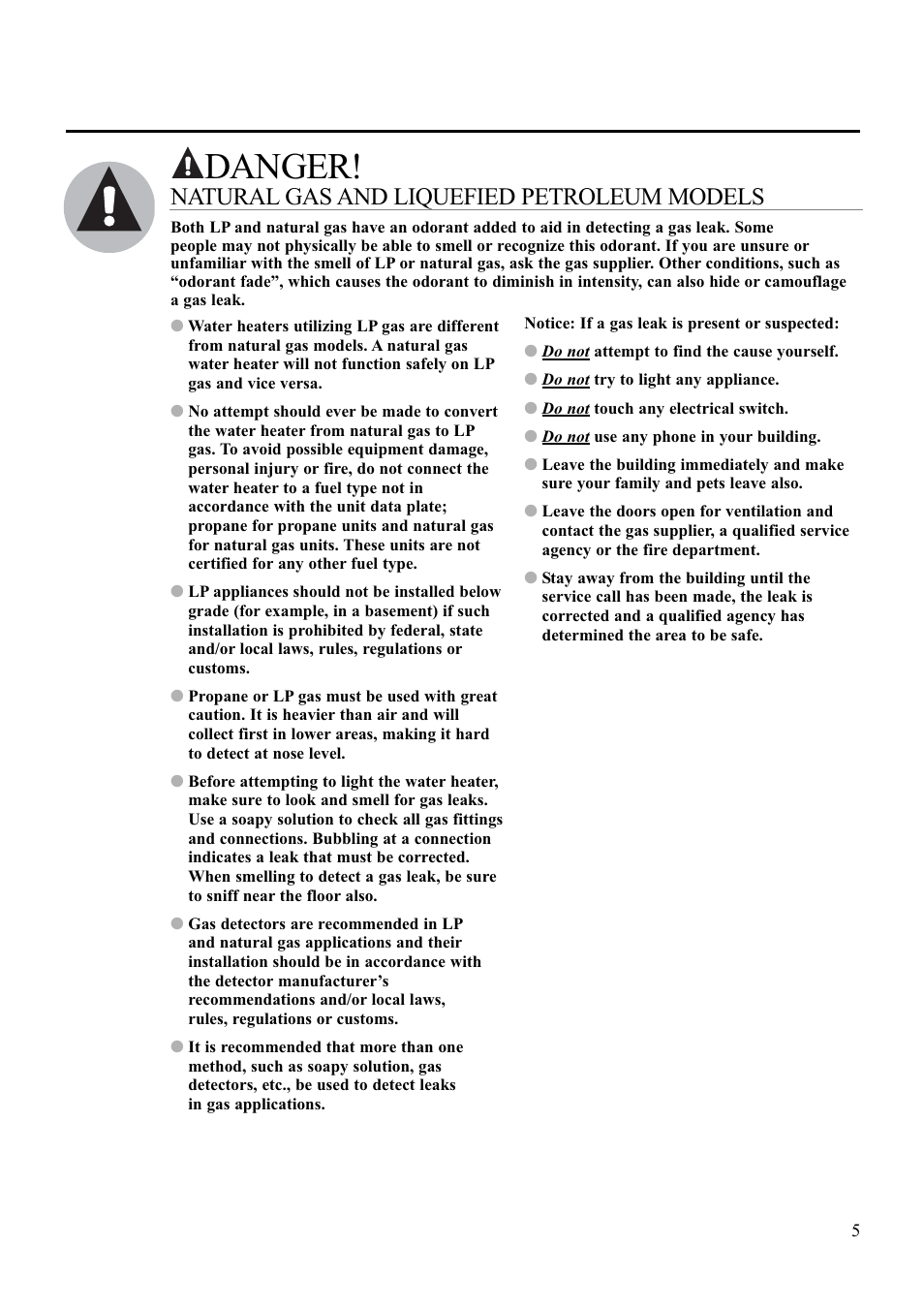 Danger, Natural gas and liquefied petroleum models | Paloma PH-28R IFSN User Manual | Page 5 / 40
