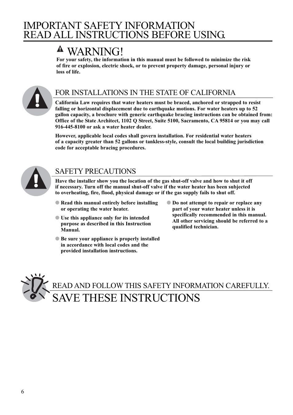 Warning, Save these instructions | Paloma PH-28R IFSN User Manual | Page 6 / 40
