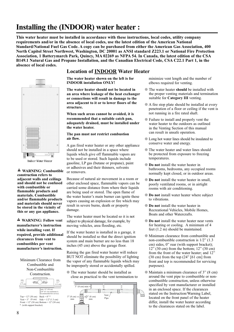 Installing the (indoor) water heater, Location of indoor water heater | Paloma PH-28R IFSN User Manual | Page 8 / 40