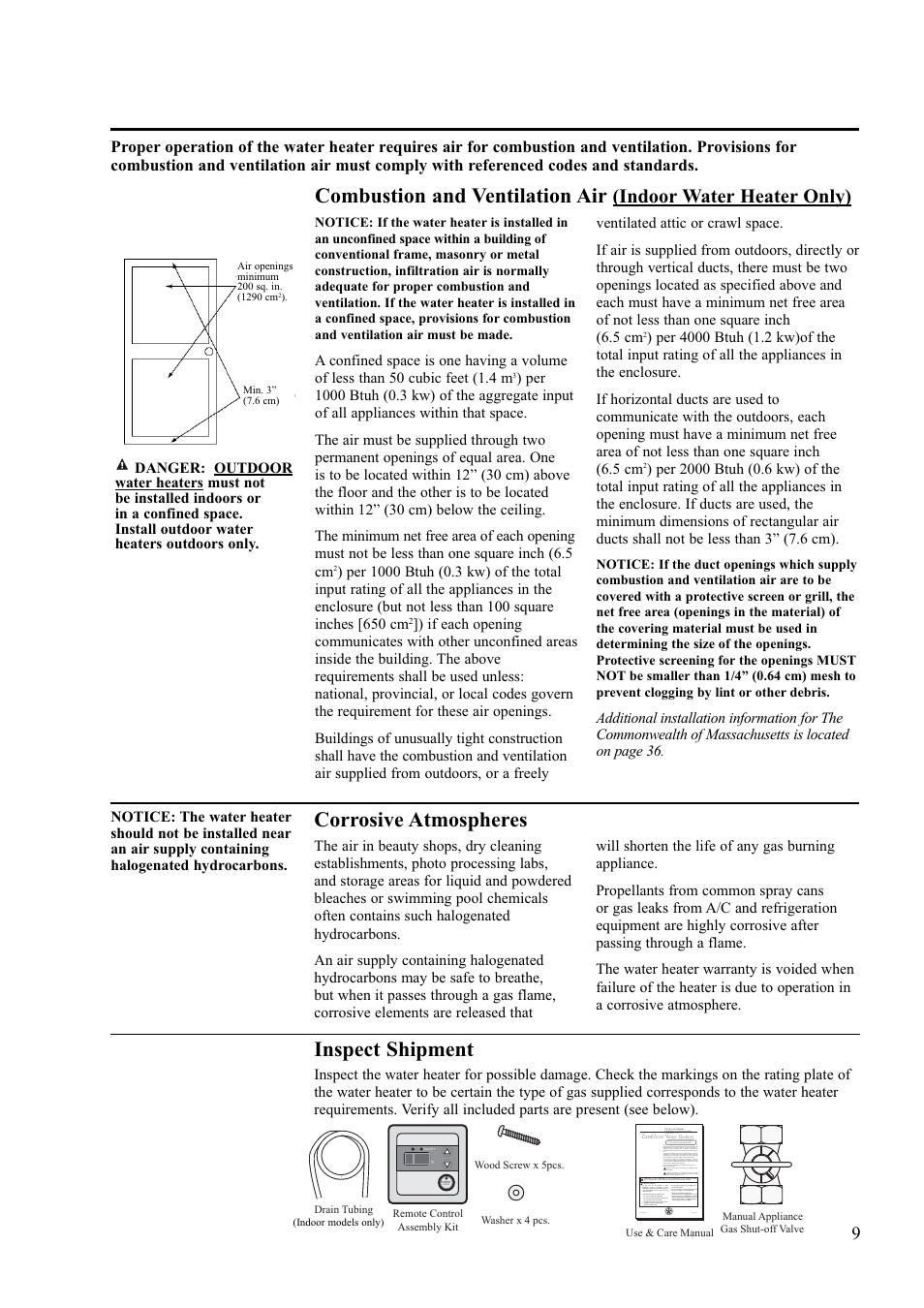 Combustion and ventilation air, Corrosive atmospheres, Inspect shipment | Indoor water heater only) | Paloma PH-28R IFSN User Manual | Page 9 / 40
