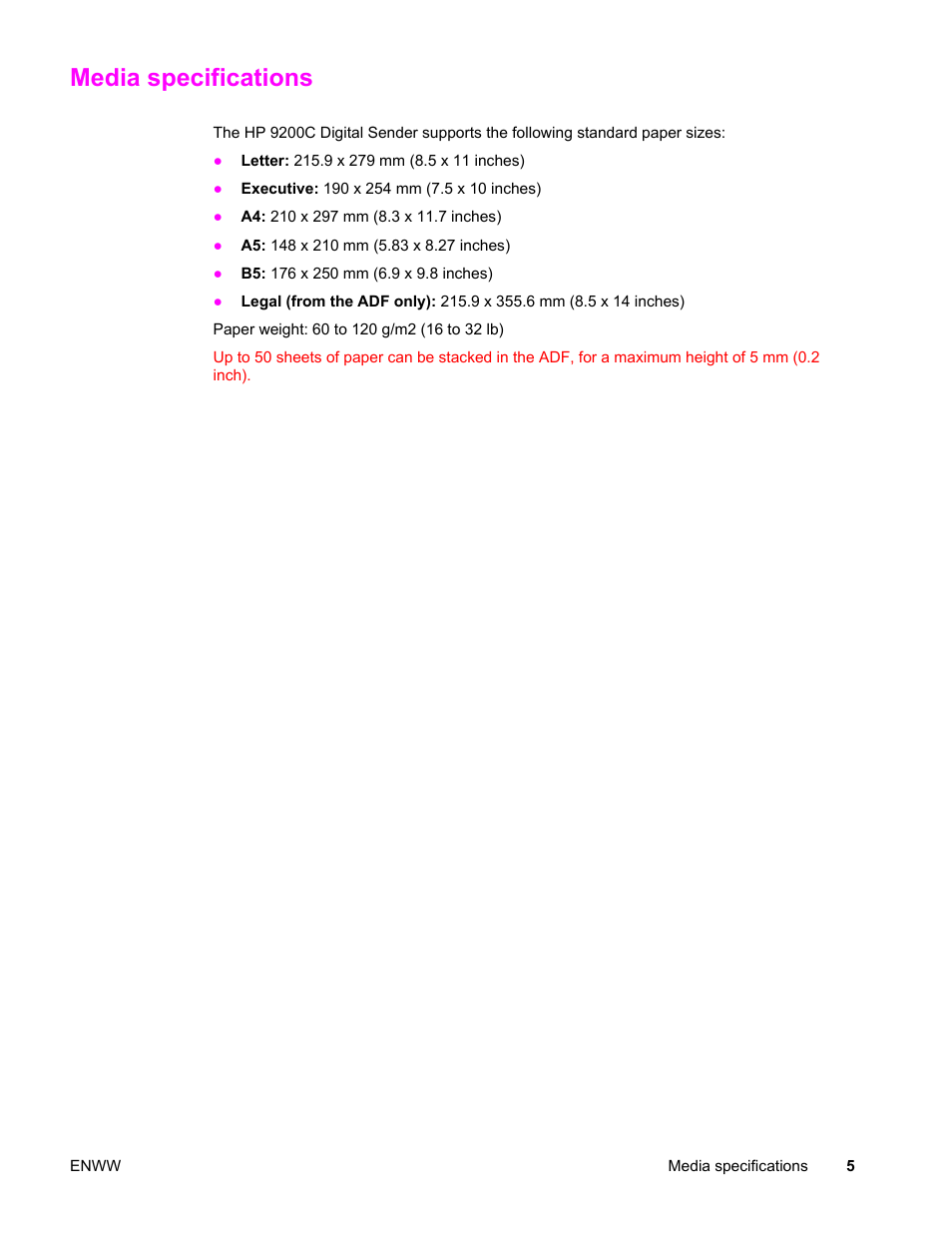 Media specifications | HP 9200c User Manual | Page 11 / 56