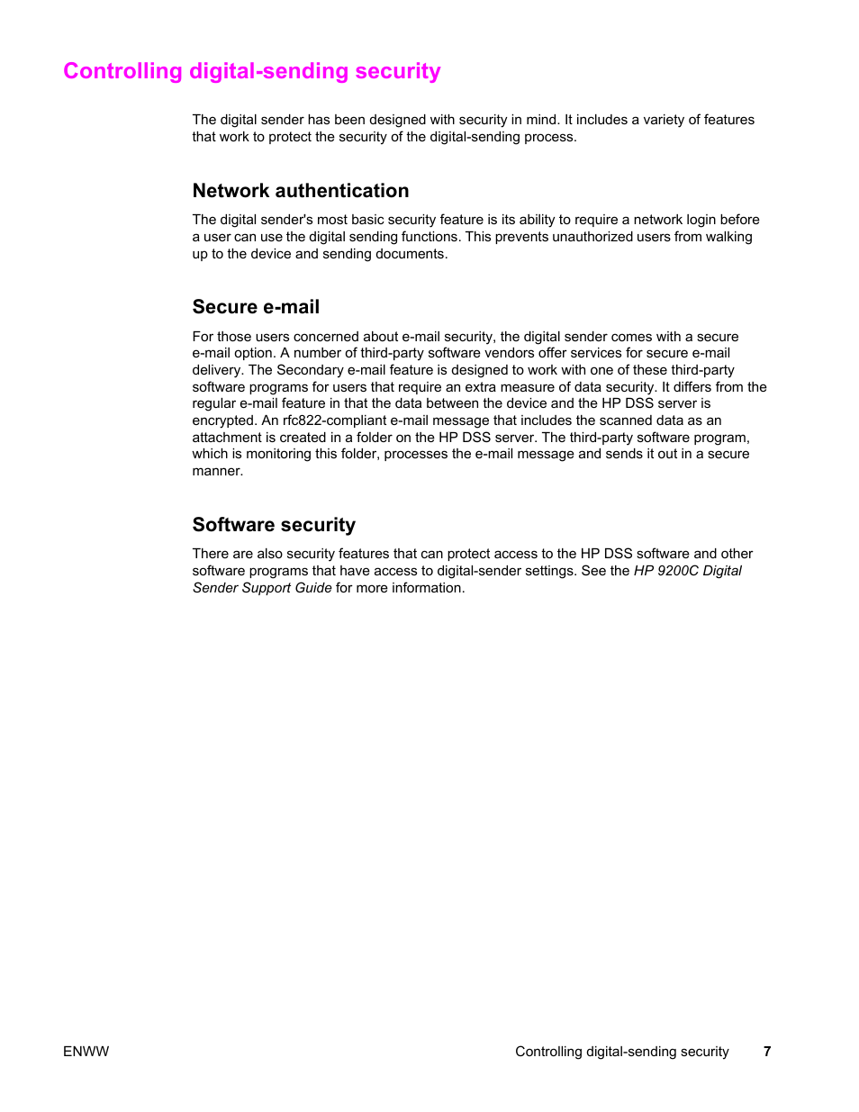 Controlling digital-sending security, Network authentication, Secure e-mail | Software security | HP 9200c User Manual | Page 13 / 56