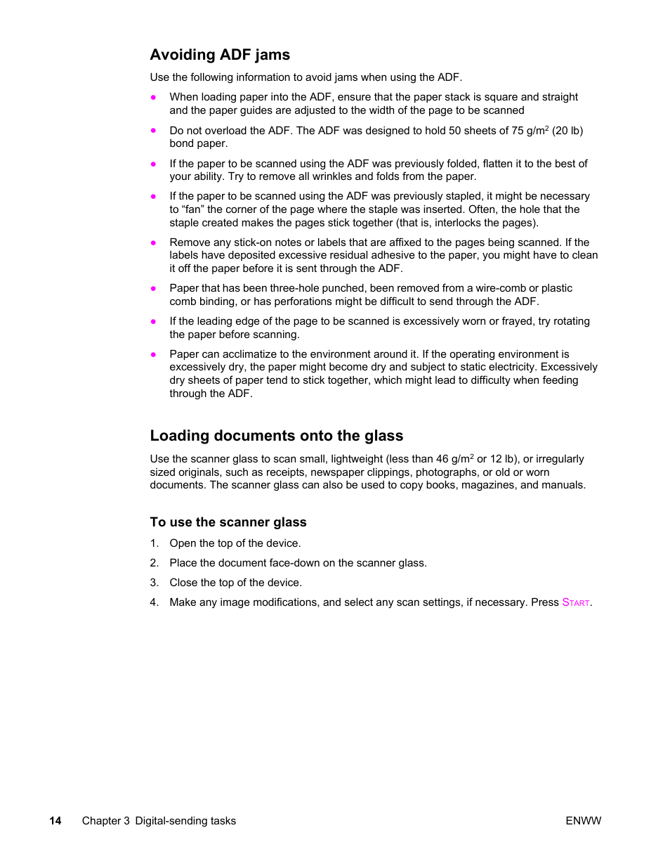 Avoiding adf jams, Loading documents onto the glass, Avoiding adf jams loading documents onto the glass | HP 9200c User Manual | Page 20 / 56