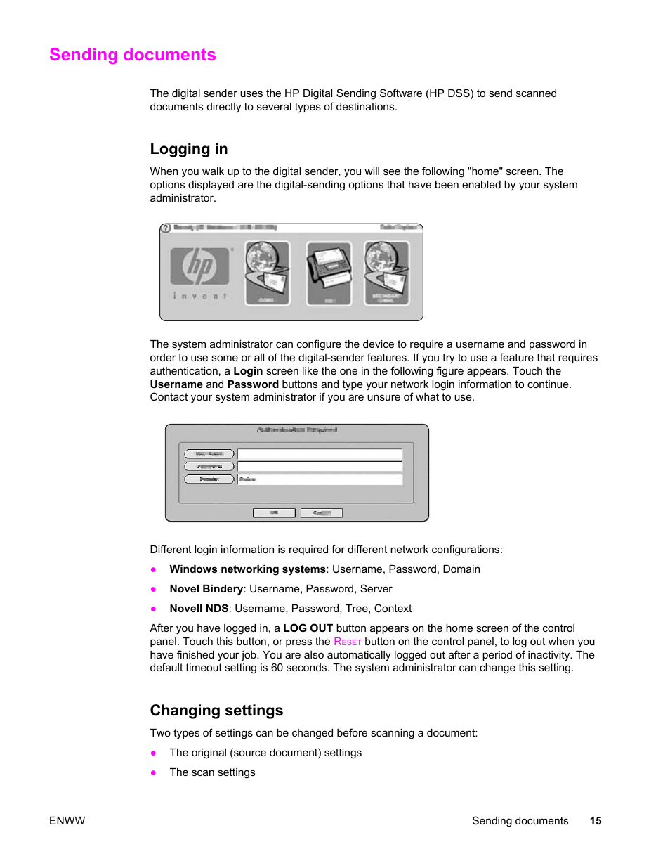 Sending documents, Logging in, Changing settings | Logging in changing settings | HP 9200c User Manual | Page 21 / 56