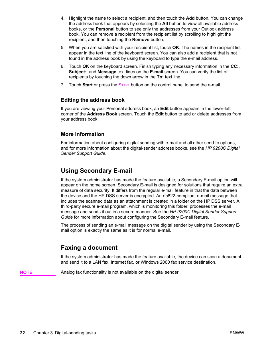 Using secondary e-mail, Faxing a document, Using secondary e-mail faxing a document | HP 9200c User Manual | Page 28 / 56