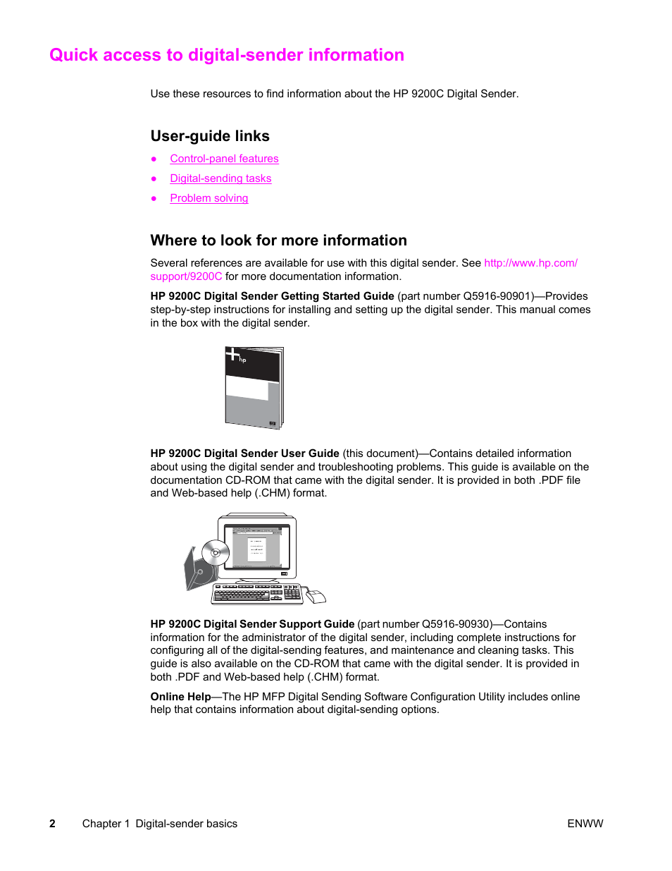Quick access to digital-sender information, User-guide links, Where to look for more information | HP 9200c User Manual | Page 8 / 56